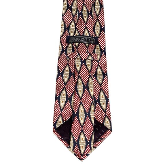 Harken Ltd 100% Silk Tie Red/Navy Geometric Diamond Medallion - Picture 5 of 7